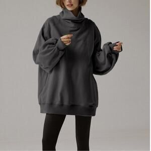 Lit Active Oversized Slouchy Turtleneck Sweatshirt Charcoal Grey Comfy - Medium